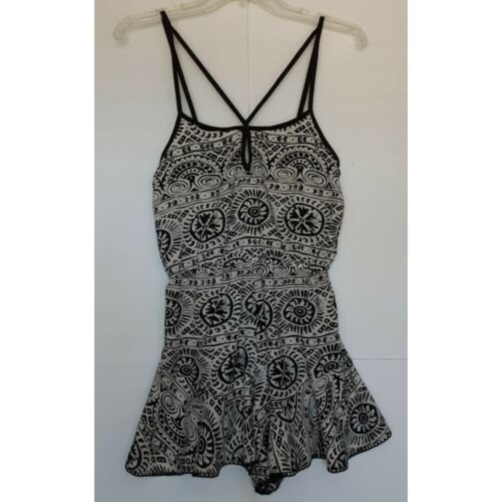 ANGIE Beige/Black Sleeveless Summer Strappy Shorts Romper 100% Rayon Size S